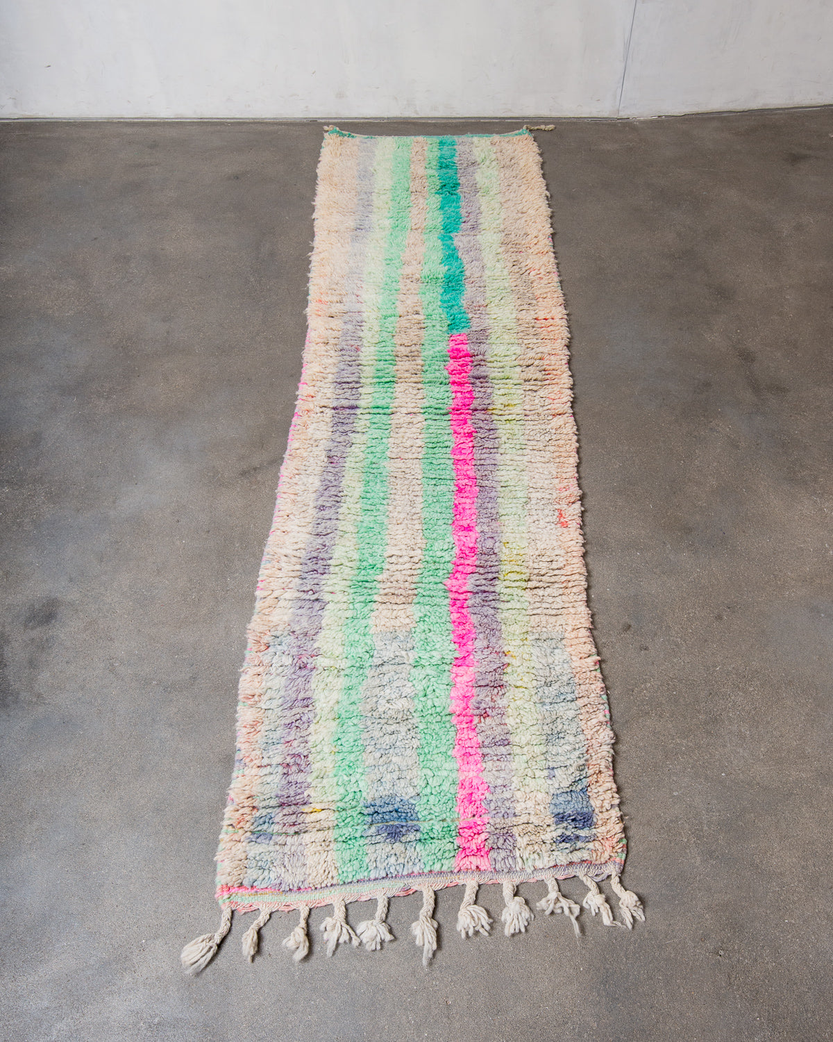 Modern, designer, handcrafted Berber runner rug from Morocco. Vintage carpet with beautiful colours and patterns and fluffy texture.